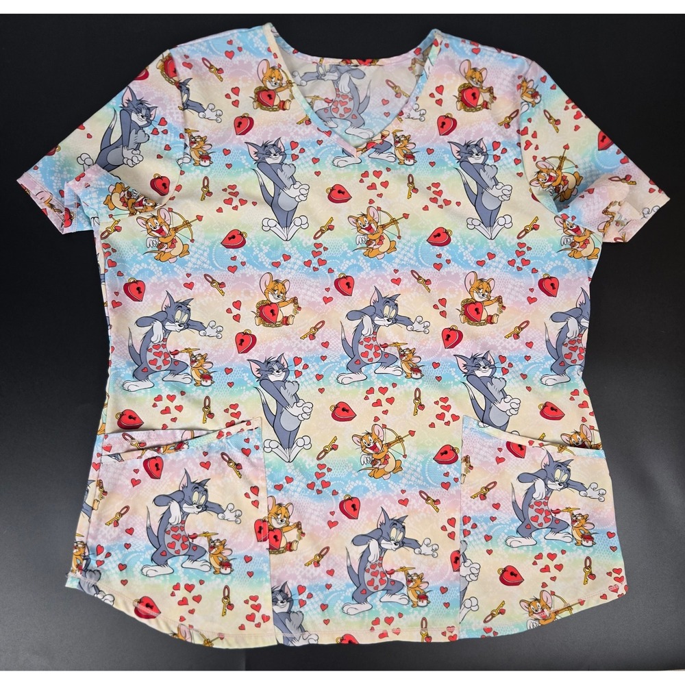 Tom and Jerry Valentines Day Scrub Top Rainbow Heart Print V-Neck Large